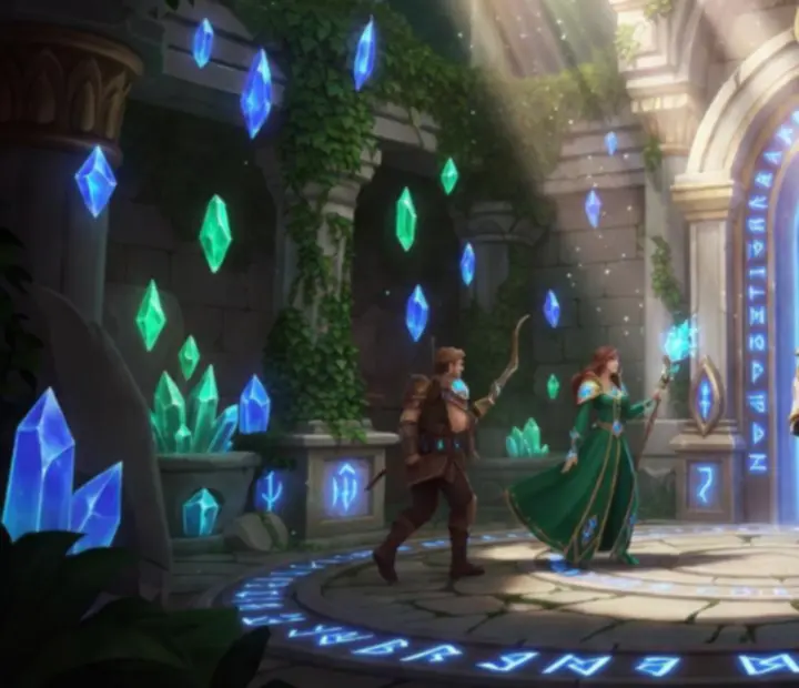 Magiczna brama do wydarzeń w świecie AFK Arena z unoszącymi się wyspami i runami