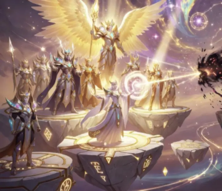 Konflikt między frakcją Celestials i Hypogeans w AFK Arena przedstawiony na fantastycznym krajobrazie