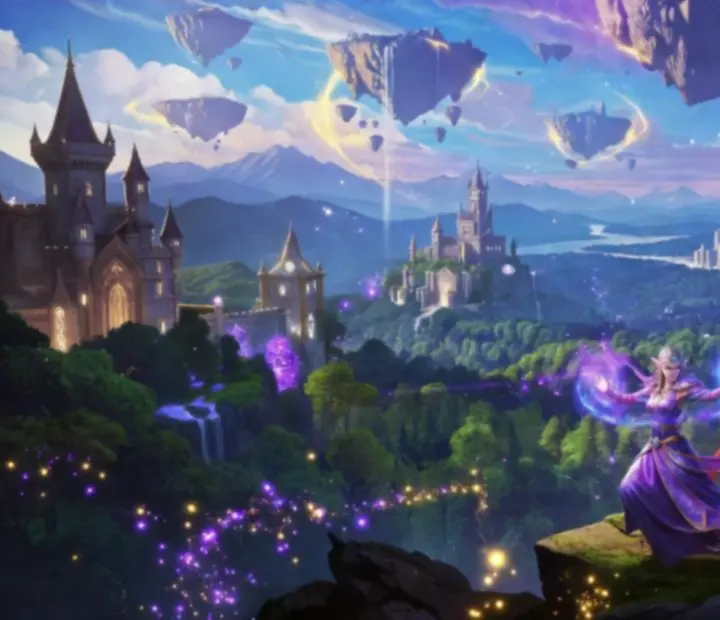 Fantastyczna kraina inspirowana AFK Arena z unoszącymi się wyspami i magicznymi zamkami