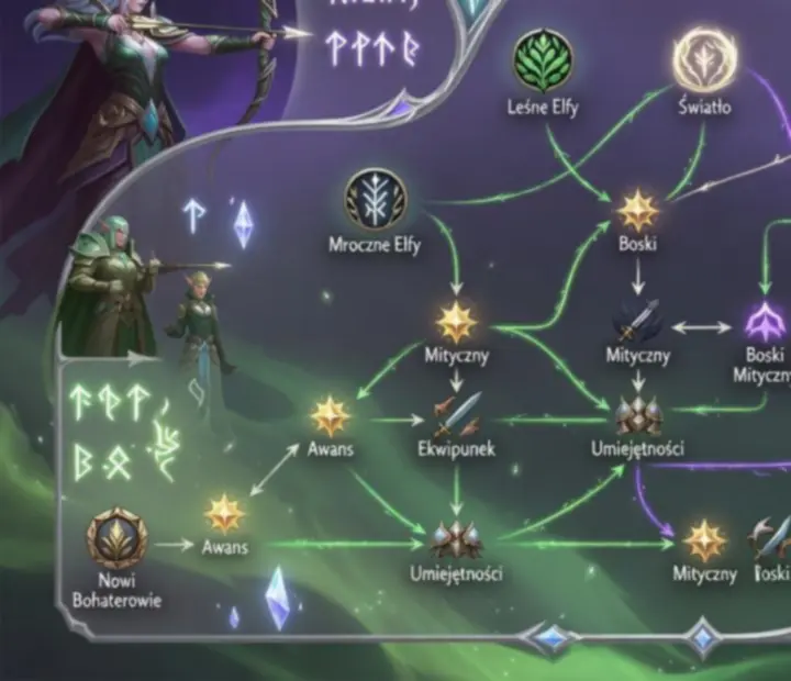 Infografika taktyczna do AFK Arena z mapą progresji i drzewkiem decyzji
