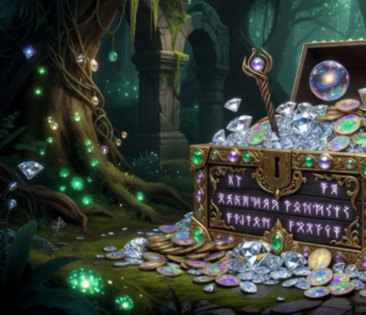 Fantastyczna skrzynia ze skarbem pełna magicznych nagród i świecących kryształów