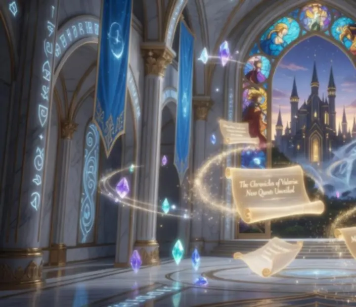 Magiczny zamek AFK Arena wśród lewitujących wysp i kryształów