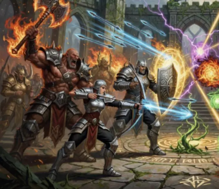 Epicka bitwa drużyn PvP AFK Arena na arenie otoczonej magicznymi runami