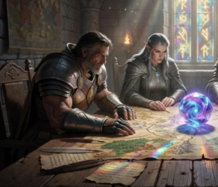 Drużyna bohaterów AFK Arena ustawiona w formacji bojowej na tle magicznego pola bitewnego