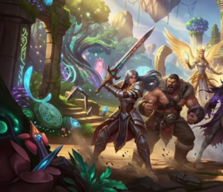 Ilustracja drużyny kampanijnej AFK Arena w magicznym, jasnym pejzażu fantasy
